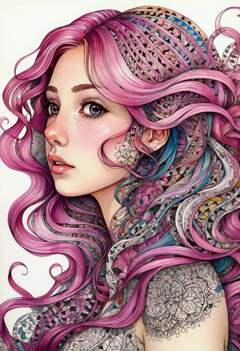 ((masterpiece:1.2, best quality)), ultra detailed, Ultra-precise depiction, Ultra-detailed depiction, (zentangle:1.2), (dynamic pose), (abstract background:1.5), wavy long hair, pink hair, 1girl, colorful, portrait, (from above:1.2)
