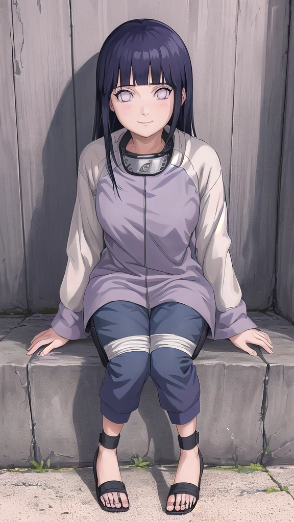 1 girl, solo, Young, hinata (lora:naruto:shippuden), Polный рост, long hair, purple hair, white eyes, byakugan, smile, modest face, bright skin, put on, Jacket, gray t-shirt, mesh t shirt, bandage , on hand, dark blue pants, wear, black leather sandals, open sandals, sit, hands to knees,
check, a lot of detail, 8k, ultra quality, ((High quality, bestest quality, 8k)),
room,
