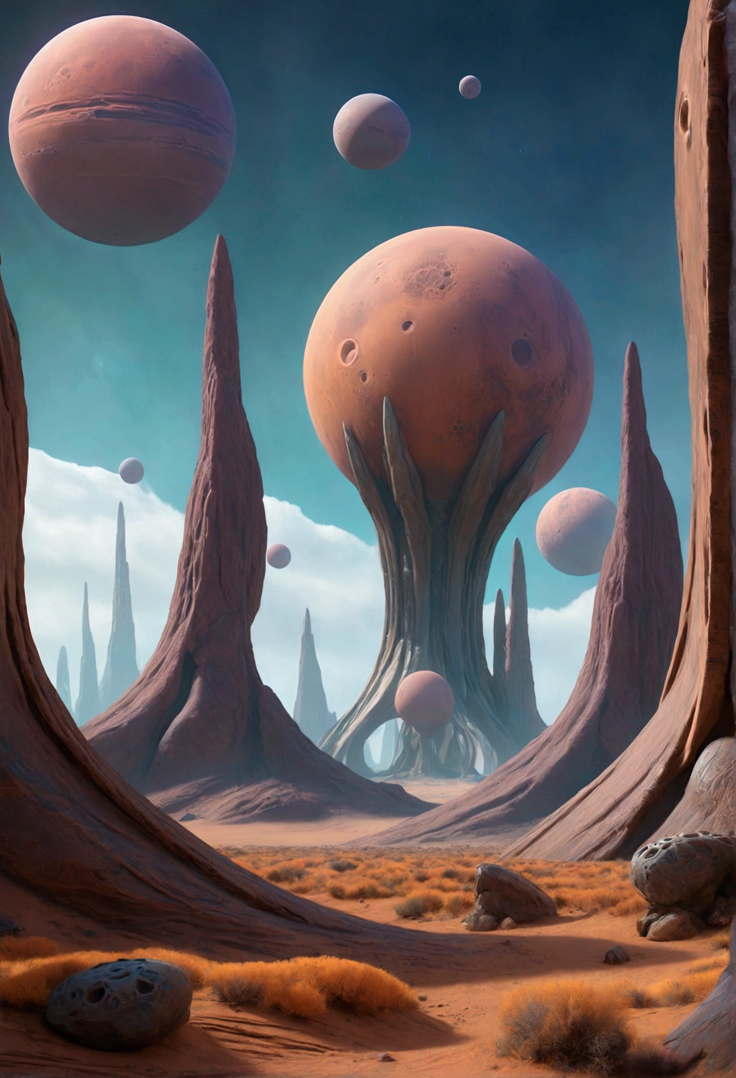 A landscape on a distant planet with unusual terrain and alien lifeforms.