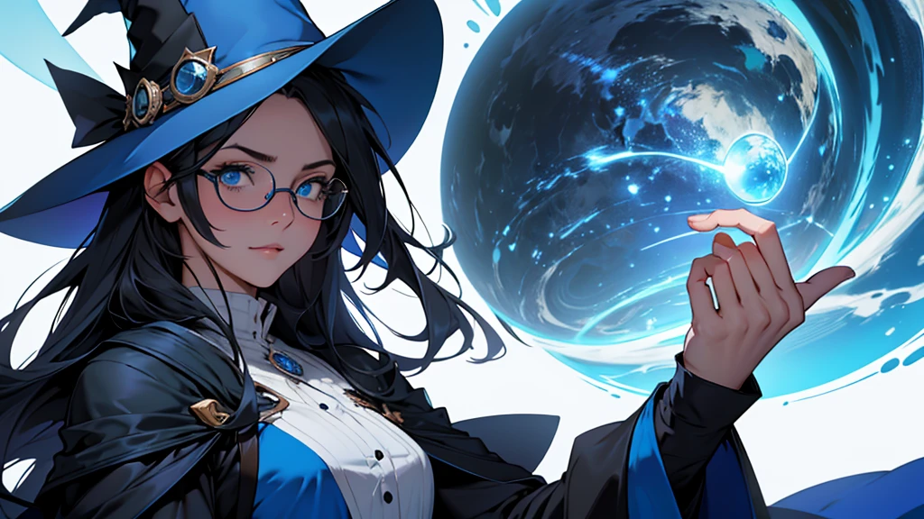 4k ultra high quality, waist up to tip of hat, human woman, sharp blue eyes, round face, small slightly upturned nose, curious expression, shoulder length blue-black hair, wearing modest blue dress, wearing an oversized blue wizard hat with a big very large rim fully visible in the image, wearing spectacles