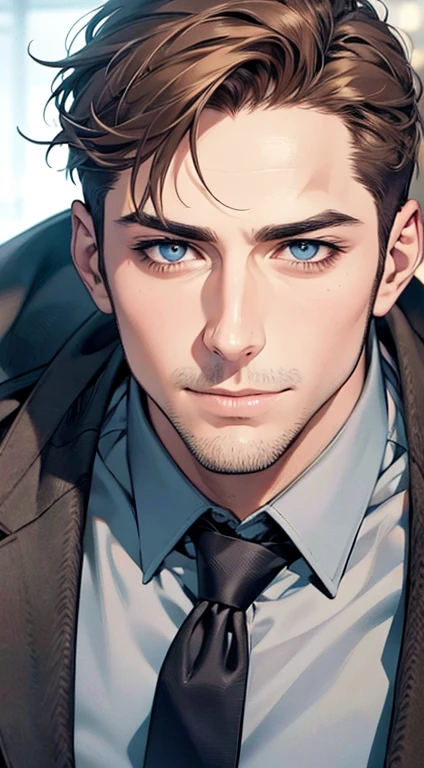 (best quality,4k,8k,highres,masterpiece:1.2),ultra-detailed,(realistic,photorealistic,photo-realistic:1.37),1 man,31 years old,mature man,very handsome,without expression,smile,short grey brown hair,blue eyes,penetrating gaze,perfect face without errors,imposing posture,businessman,office background,cinematic lighting,hdr image
