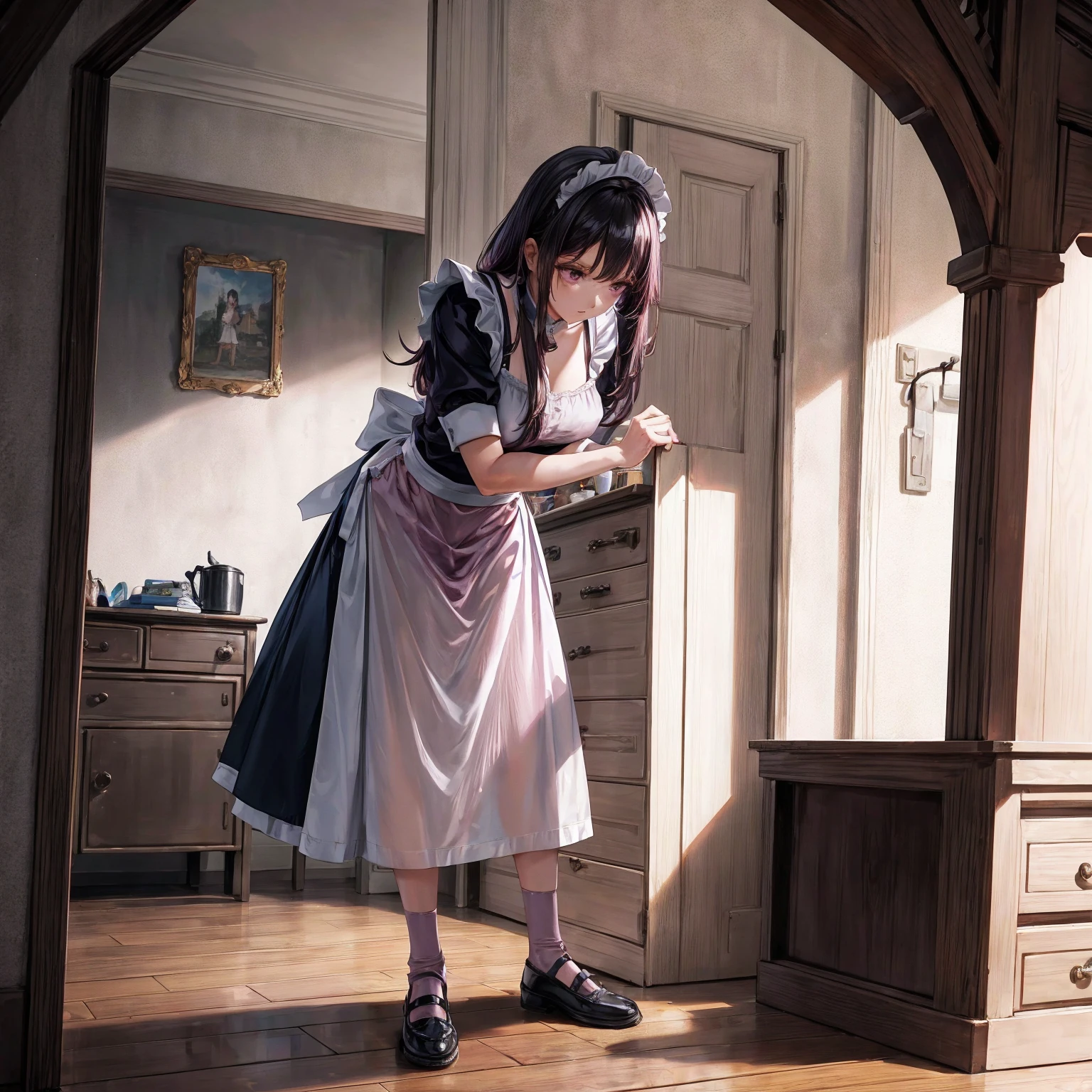 A woman is standing on the floor wearing a maid&#39;s uniform, alone, ((Turn your ass towards me)), (shiny dark pink satin panties:1.3)