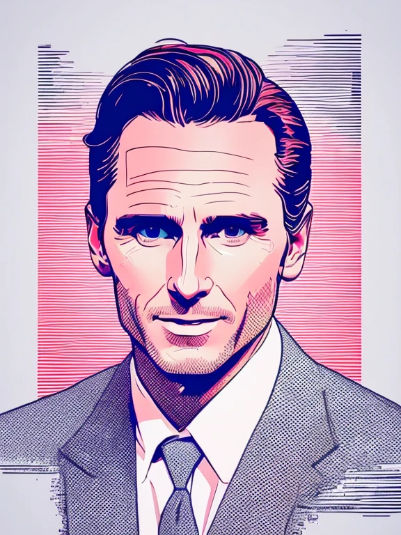 T-shirt design, close-up of a man in a suit making a face, Patrick Bateman, in American Psycho (1999), in American Psycho (1999), Patrick Bateman, in American Psycho, American Psycho, in the film Hard Target (1993), Christian Bale, Liam Neeson as burl gage, Liam Neeson, smug smile, white background, white t-shirt design. smooth lines, vector sticker art
