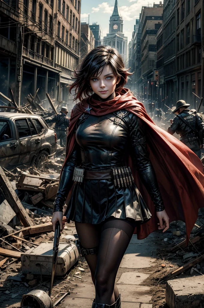 (masterpiece, best quality:1.2), cowboy shot, solo, dynamic pose, ruby rose, looking at viewer, smile, military uniform, cape, pantyhose, standing outside wrecked church, rubble on ground, next to river , bonfire, crowd, (crowd in military uniforms) night, stars, post-apocalypse, dystopian future