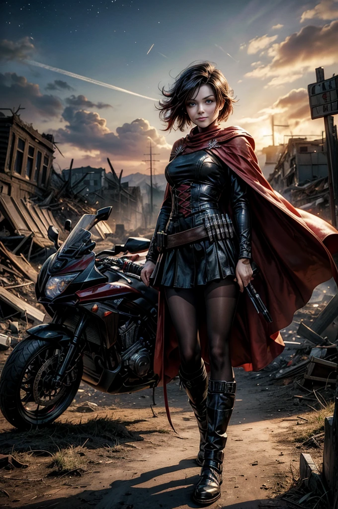 (masterpiece, best quality:1.2), cowboy shot, solo, dynamic pose, ruby rose, looking at viewer, smile, military uniform, cape, pantyhose, standing outside wrecked church, rubble on ground, next to river , bonfire, crowd, (crowd in military uniforms) night, stars, post-apocalypse, dystopian future