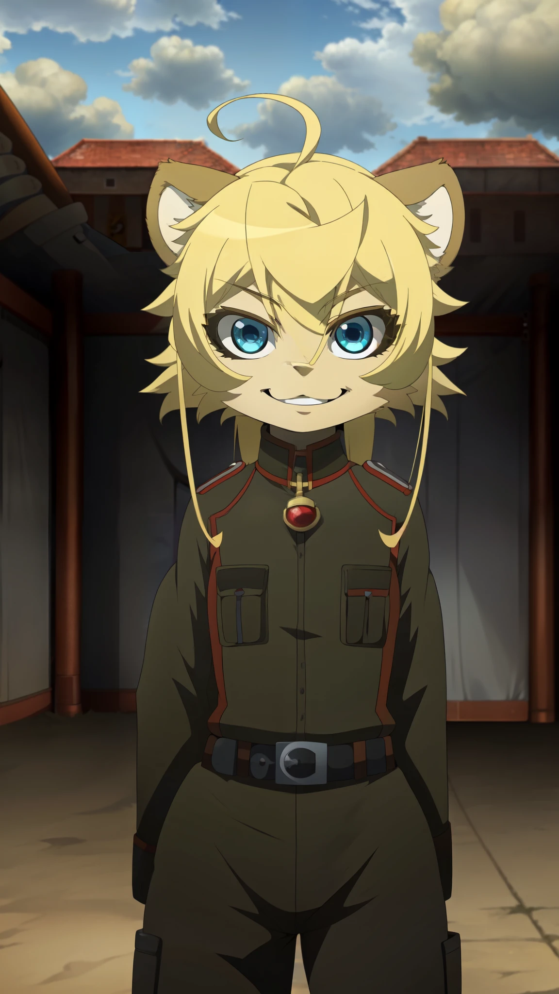 score_9,score_8_up,score_7_up, source_cartoon, source_furry, lion girl, lion tail, yellow hair, Tanya Degurechaff, blue eyes, looking at viewer, smile, 1girl, lion ears, furry female, ((military uniform,red pendant, belt,pants,evil smile,)), military base, clear sky, looking at viewer, solo, anthro, cheek tuft, facial tuft, uperbody, evil smile,