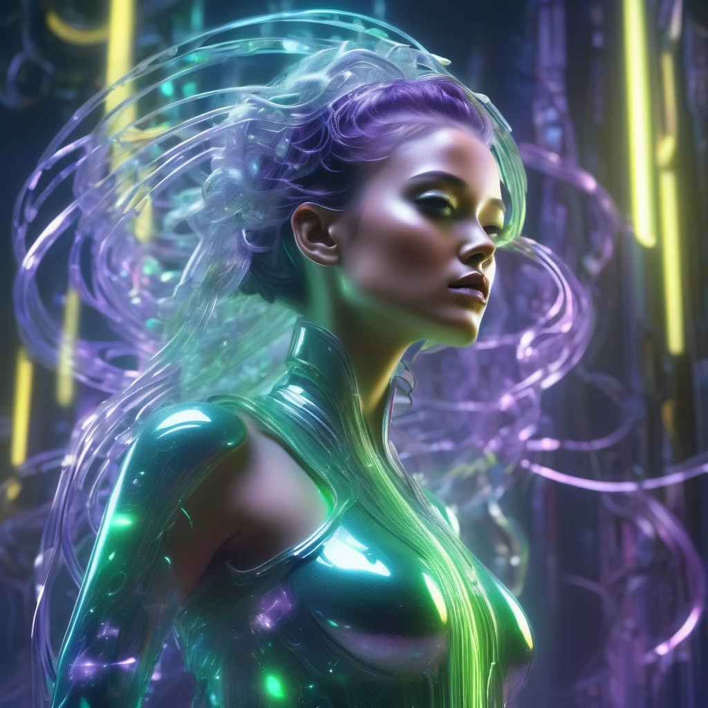 dynamic cinematic image of a girl wearing techno headphones, in double exposure waves of energy flow from the headphones in the form of staves and musical notes, she is wearing a dress of a tangle of iridescent purple tones, a beautiful science fiction girl with half body, art nouveau octane rendering, rendering of a goddess, beautiful octane rendering, dreamy cyberpunk girl, beautiful 3d rendering of a futuristic woman, elegant futuristic woman, 8k 3d rendering character art, 8k fantasy style octane rendering , beautiful cinematic lighting, highly detailed, (feminine: 1.4), (cute: 1.4), (attractive: 1.3), beautiful green eyes perfectly sharp and detailed, studio lighting, raven background theme, highly detailed, cinemascope, moody, epic, beautiful.HDR.