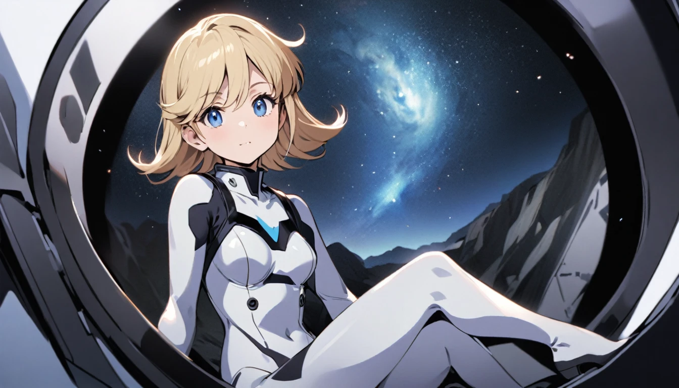 Tomboish girl, short blond hair, blue eyes, wearing a simple black and white space military skinsuit, she sits inside a space ship looking at the viewer (full body in picture)