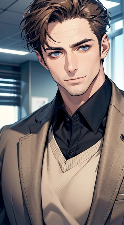 (best quality,4k,8k,highres,masterpiece:1.2),ultra-detailed,(realistic,photorealistic,photo-realistic:1.37),1 man,31 years old,mature man,very handsome,without expression,smile,short grey brown hair,blue eyes,penetrating gaze,perfect face without errors,imposing posture,businessman,office background,cinematic lighting,hdr image