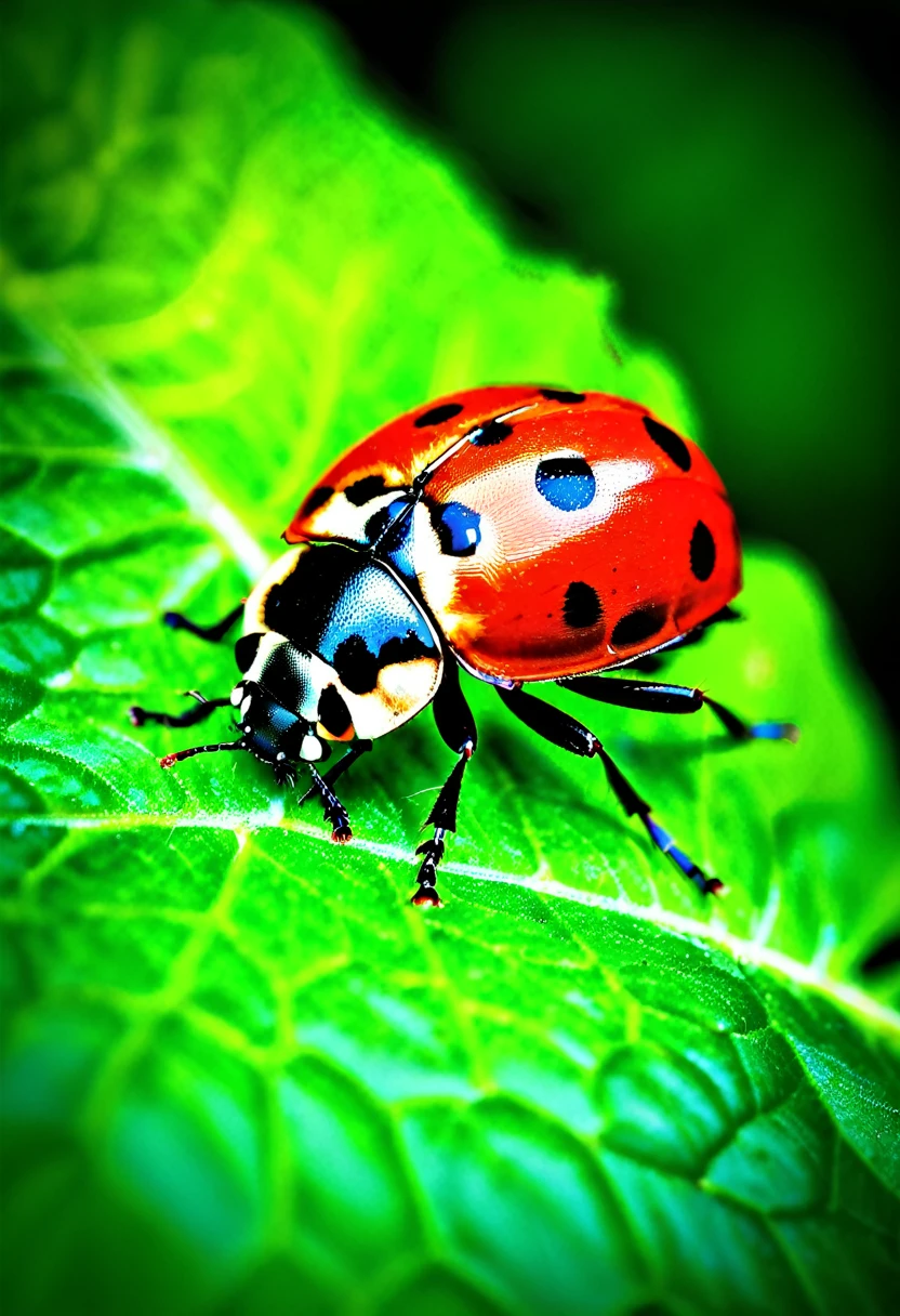 Close-up photograph of a ladybug on a green leaf, ultra-high resolution, photorealistic details, natural lighting, soft focus with a slight vignette effect, macro lens perspective, high dynamic range to capture intricate textures and vibrant colors, sharp focus on the ladybug with a blurred background
