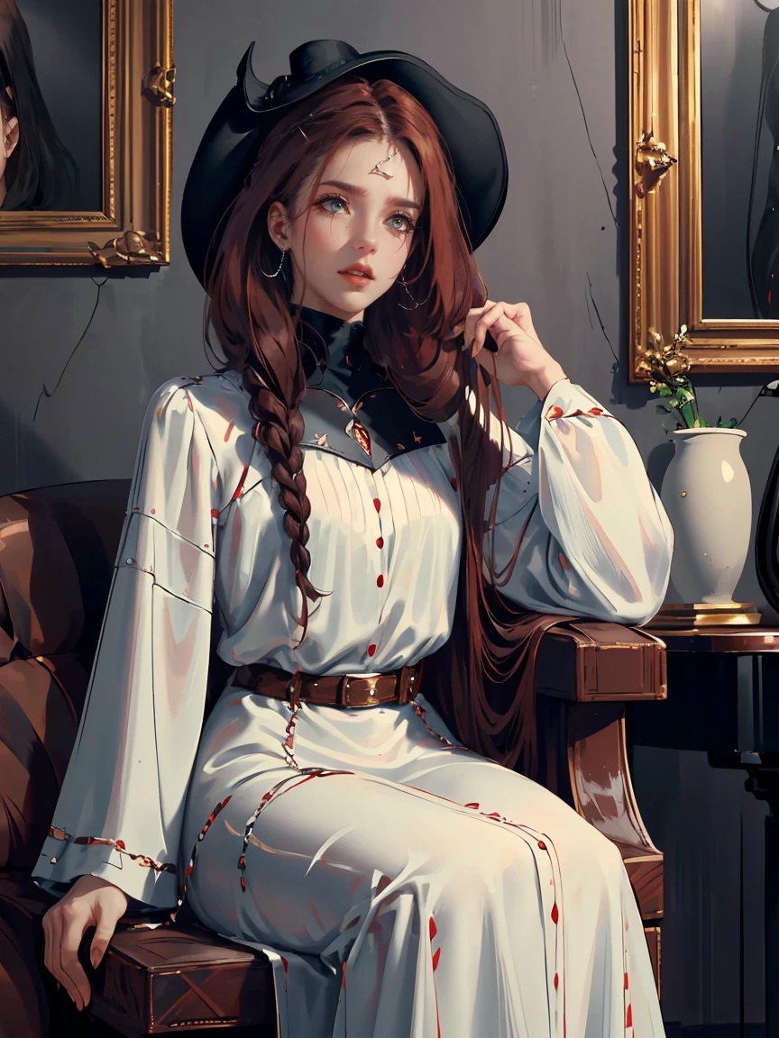 Long dark red hair, dark brown eyes, gloss lips, front look, close up, portrait, beautiful eyes, wearing a male white suit, big white, curly hair cut, clear skin, young 30 years girl, adult girl, solo, very long hair, ankle length hair, handsome older WOMAN,Hyperresolution,accuracy,Detailed rendering,(Image of fine hair)(topquality)(Masterpieces of masters)(High degree of completeness)(A sense of atmosphere)tmasterpiece,Super detailed and super detailed(((half-body portrait)))(((Older woman))) (((Western girl))), (((Better hands)))(((Black outfit)))(((Dark brown eyes)))(((Ankle length hair)))(((Black horse)))(((Wild West))(((No hat)))