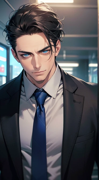 (best quality,4k,8k,highres,masterpiece:1.2),ultra-detailed,(realistic,photorealistic,photo-realistic:1.37),1 man,31 years old,mature man,very handsome,without expression,smile,short grey black hair,blue eyes,penetrating gaze,perfect face without errors,imposing posture,businessman,office background,cinematic lighting,hdr image