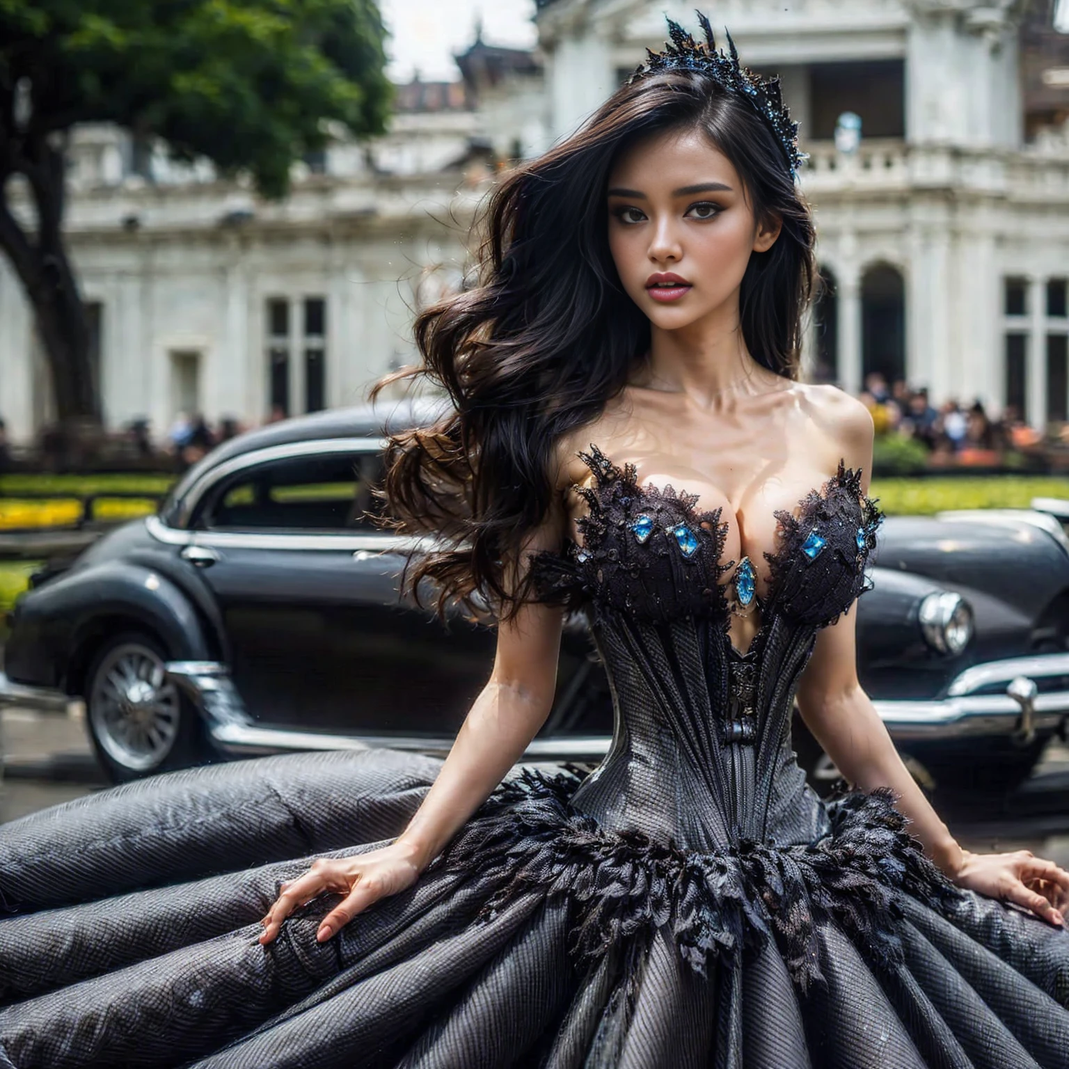 (Ultra HDR) (cinematic effect) Photo of an asian woman with long hair flowing in the wind, wearing a black batik patterned costume, a V-cut strapless corset style batik dress made of carbon patterned satin, a very narrow and stiff V-cut waist decorated with blue jewels, a luxurious long skirt, looks beautiful and stunning, very realistic and detailed, with a royal palace in the background, sitting on a swing, behind it is a black classic car. hyper realistic, hyper detail clothing, Detailed gemstones, masterpiece, best quality:1.2),,(8k,highres,RAW photo,realistic,photo-realistic:1.3),(detailed skin texture,detailed cloth texture, beautiful detailed face:1.25),professional lighting,photon mapping,beautiful soft light,radiosity,physically-based rendering,raytracing, model shoot style, model shoot style, (extremely detailed CG unity 8k wallpaper), full shot body photo of the most beautiful artwork in the world (NSFW), (Nude), (Naked),  (pussy) (small pussy) (tight pussy) (carbon fiber corset) (veiny breast) (steampunk corset) 