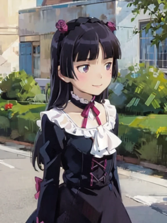 (bichu), (oil painting), (impressionism), Secret Garden, Colorful tulips, Flowers picked by a girl, Bright smile, Oil painting style, (ruri gokou), One Girl, alone, Hime cut, Long Hair, Gothic ta, Loliashion, head band,