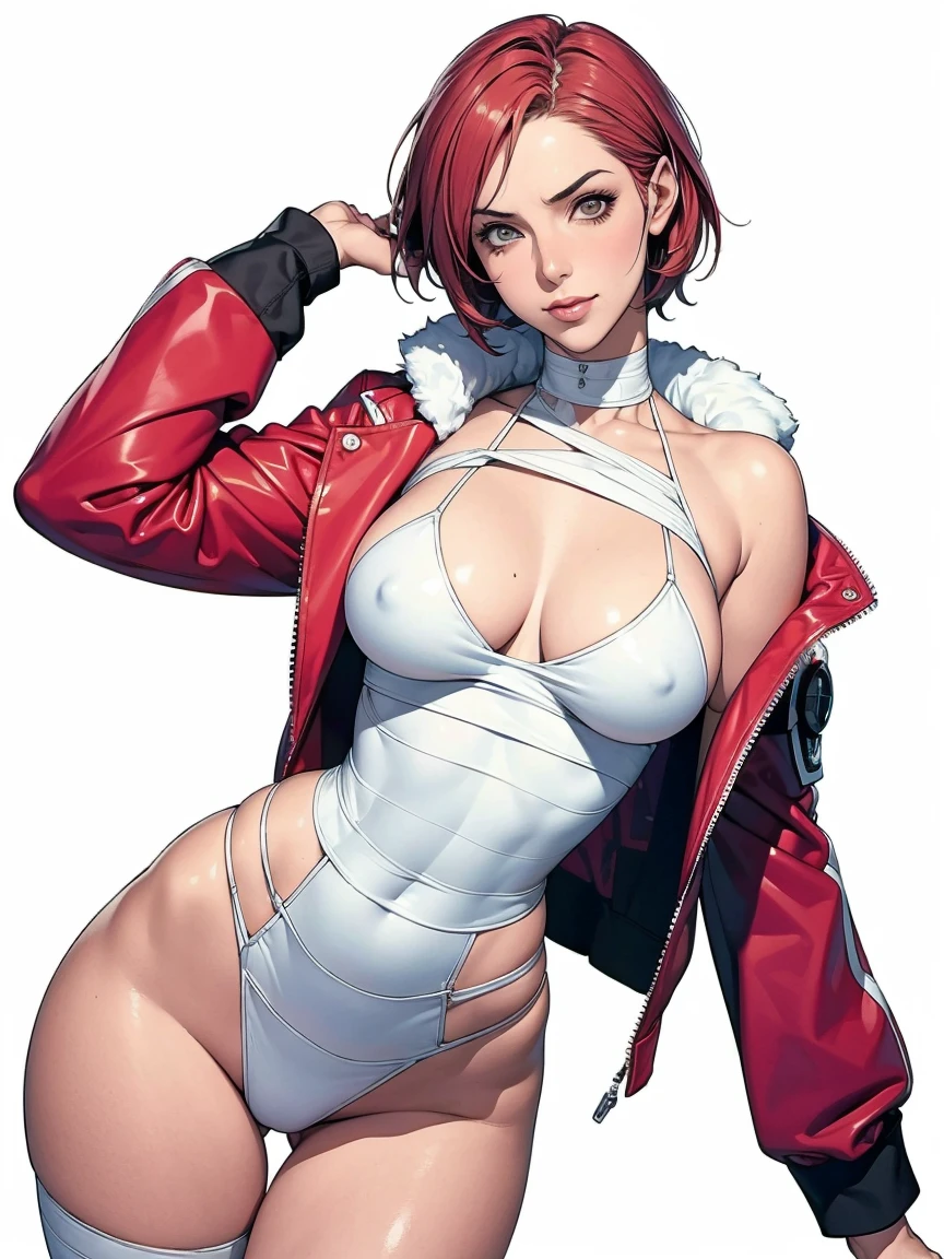 (((Annie Lennox))), (((colorful suit))), (scars), (((bandaged arms))), (((colorful clothes))) (( hood)), (((best quality: 1.4))), (Unbeatable masterpiece), (hyper HD),(CG 8k hyper-realistic), beautiful face, ((( big))), (((hyper feminine))), sexly g, round face, black tattoo,(ultra short red hair with white highlights)), ((( sculptural body ))), (((1 Kizi))), Kizi tatuada de 25 anos com pect body,,Beautiful and well-groomed face, (round face), muscular body:1.2,solid color detailed jacket, (Head to thigh photos), Complex equipment, ,Tight clothes,With white stars and off-white stripes,,,,,Armor Metal Electronic Parts, Poison tattoos ) INFO, Kizi, (((standing alone))), , 24歳, sexy, pose detitude, work of art, dancing, ((slight smile)), post-apocalypse, (((manga style))), bounty hunter, the way you want, perfect body, roupa moderna, advanced technology, white, yellow accent, black, red accent, fur collar jacket, sleeves with vertical striped pattern, background city, (( cowboy shot )). intricate visual, narrow waist, (((wide hips))), wide hips, fit thighs, (((thigh gap))), Thigh gap, background shows a futuristic airplane, open expression, expression happy