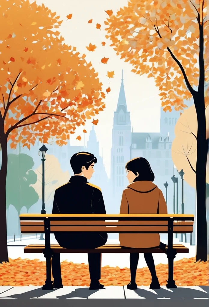 (((Vector illustration))),Flat coating,((Celluloid style)),(children illustration),side view,fallen leaves,Couple on park bench,((minimalist art)),8K,masterpiece,Rich details