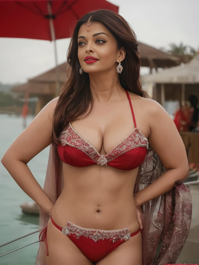 photo of sexy 42 year old busty Aishwarya Rai Bachchan having orgasm, ,red lipstick , deep cleavage, long hair, , look at viewer and laughing (cinematic:1.3), intricate details, (ArtStation:1.2), wearing red bikini