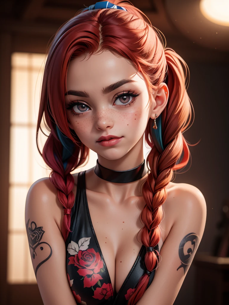 Harley Quinn, SFW,highest quality,woman, 19 year old,backlighting,black choker,blurry background,blush,closed mouth,collarbone,earrings,forehead,freckles,hair over shoulder,jewelry,long hair,looking down,pointy nose,lips glossy,shadow,solo,thick eyebrows,thick eyelashes,upper body,red hair,braids,tattoos,tattoos on arms,black rose tattoos on neck,sun beams,warm light,cozy,((masterpiece)),