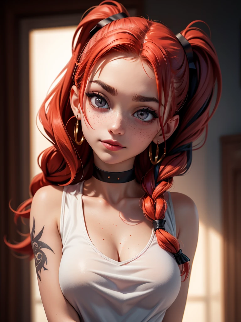 Harley Quinn, SFW,highest quality,woman, 19 year old,backlighting,black choker,blurry background,blush,closed mouth,collarbone,earrings,forehead,freckles,hair over shoulder,jewelry,long hair,looking down,pointy nose,lips glossy,shadow,solo,thick eyebrows,thick eyelashes,upper body,red hair,braids,tattoos,tattoos on arms,black rose tattoos on neck,sun beams,warm light,cozy,((masterpiece)),
