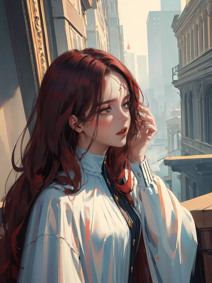 Long dark red hair, dark brown eyes, gloss lips, front look, close up, portrait, beautiful eyes, wearing a male white suit, big white, curly hair cut, clear skin, young 30 years girl, adult girl, solo, very long hair, ankle length hair, handsome older WOMAN,Hyperresolution,accuracy,Detailed rendering,(Image of fine hair)(topquality)(Masterpieces of masters)(High degree of completeness)(A sense of atmosphere)tmasterpiece,Super detailed and super detailed(((half-body portrait)))(((Older woman)))