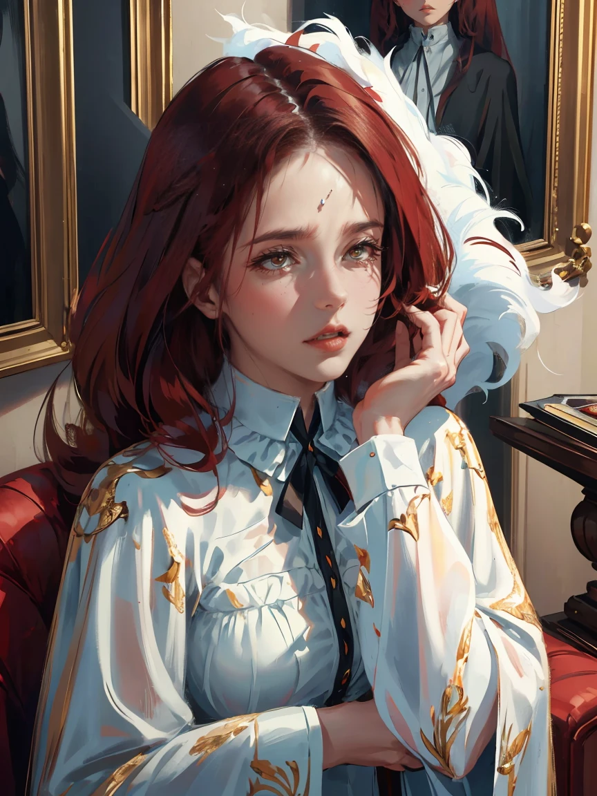 Long dark red hair, dark brown eyes, gloss lips, front look, close up, portrait, beautiful eyes, wearing a male white suit, big white, curly hair cut, clear skin, young 30 years girl, adult girl, solo, very long hair, ankle length hair, handsome older WOMAN,Hyperresolution,accuracy,Detailed rendering,(Image of fine hair)(topquality)(Masterpieces of masters)(High degree of completeness)(A sense of atmosphere)tmasterpiece,Super detailed and super detailed(((half-body portrait)))(((Older woman)))
