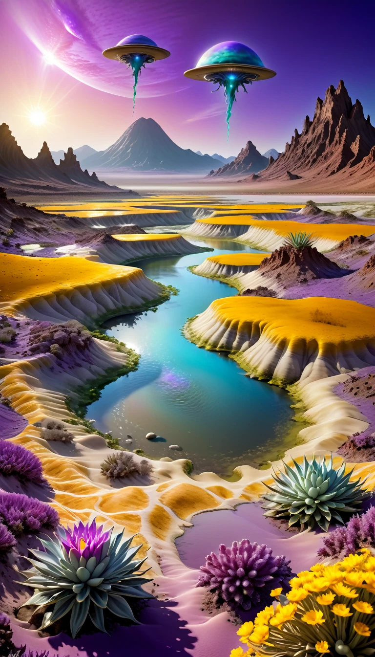 Alien Landscape: 1.5, (best quality, Master of Peace: 1.3), (Ultra Detailed, surreal colors: 1.5), Cosmic, Alien and surreal landscapes.... 3 suns, Purple sky color, Sulphur River Desert Landscape, Flying plants in various colors, Perfect composition, Best exposure (Golden Ratio: 1.2), HDR, Drama and Lighting, Surrealist tendencies, Trends in CG society, Professional photography, Lots of details, ((perfect: 1.3, Meticulous attention to detail: 1.5, Flawless, HD: 1.4, Movie: 1.4), ((Work Supervisor)), (Ultra Detailed: 1.4), (Reality: 1.4), epic, night : 1.4, 32K.