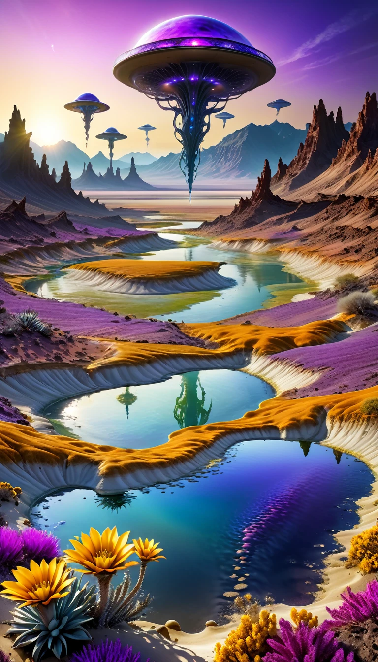 Alien Landscape: 1.5, (best quality, Master of Peace: 1.3), (Ultra Detailed, surreal colors: 1.5), Cosmic, Alien and surreal landscapes.... 3 suns, Purple sky color, Sulphur River Desert Landscape, Flying plants in various colors, Perfect composition, Best exposure (Golden Ratio: 1.2), HDR, Drama and Lighting, Surrealist tendencies, Trends in CG society, Professional photography, Lots of details, ((perfect: 1.3, Meticulous attention to detail: 1.5, Flawless, HD: 1.4, Movie: 1.4), ((Work Supervisor)), (Ultra Detailed: 1.4), (Reality: 1.4), epic, night : 1.4, 32K.