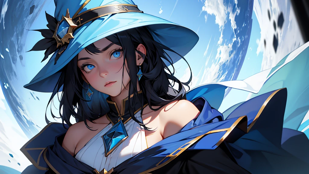 an oversized blue wizard hat with a big very large rim, human woman, sharp blue eyes, round face, small slightly upturned nose, curious expression, shoulder length blue-black hair