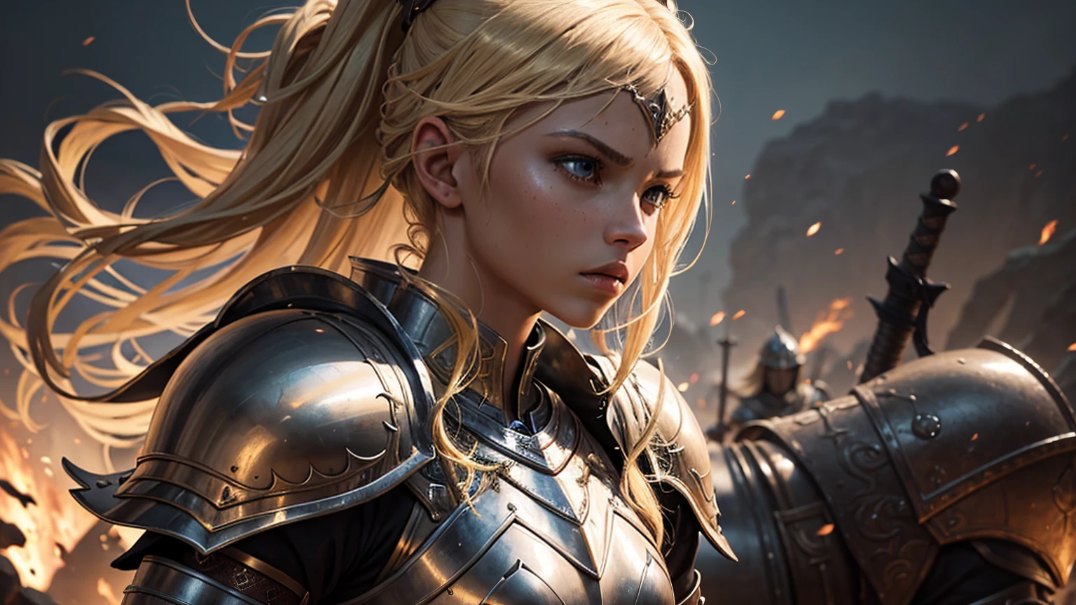 1 girl, blonde hair, armor, battle, sword fight, african warrior woman, detailed facial features, intricate armor details, dramatic lighting, cinematic composition, dark fantasy, muted color palette, dynamic action pose