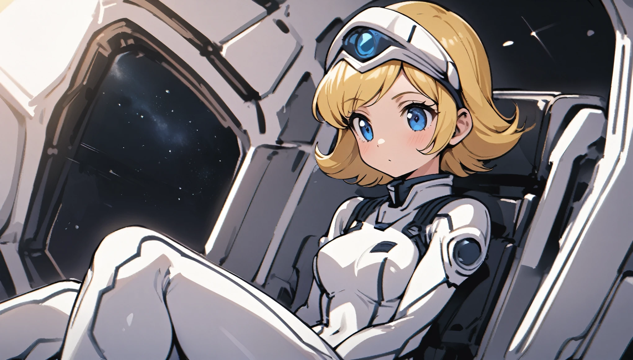 Tomboish girl, short blond hair, blue eyes, wearing a simple black and white space military skinsuit, she sits inside a space ship
