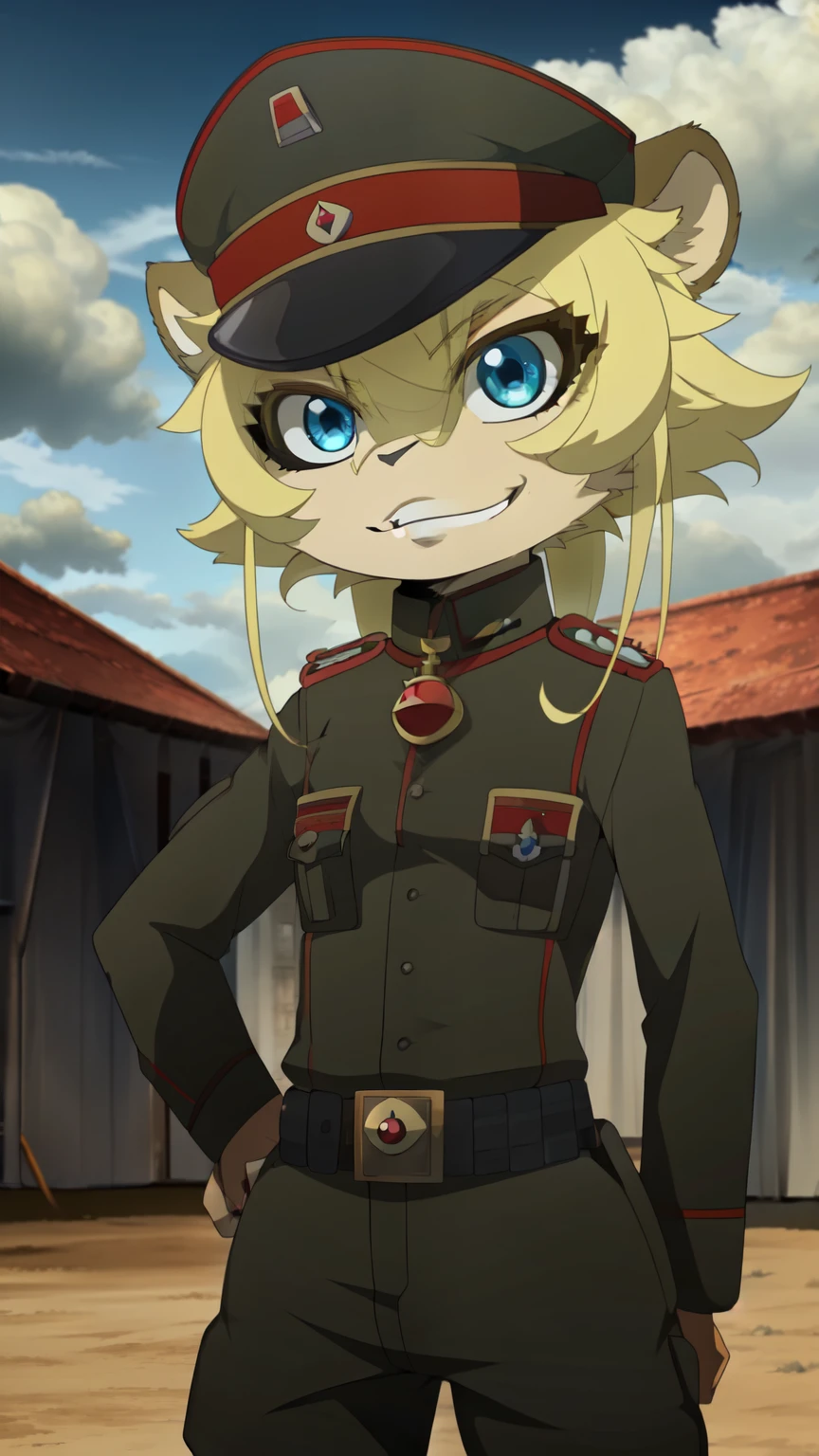 score_9,score_8_up,score_7_up, source_cartoon, source_furry, lion girl, lion tail, yellow hair, Tanya Degurechaff, blue eyes, looking at viewer, smile, 1girl, lion ears, furry female, ((military hat, military uniform,red pendant, belt,pants,evil smile,)), military base, clear sky, looking at viewer, solo, anthro, cheek tuft, facial tuft, uperbody, evil smile,