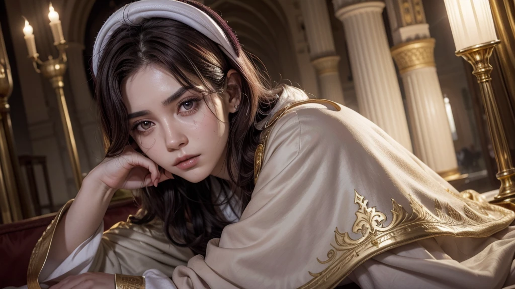 mascle, Youngh, first king oliva, short wavy dark violet hair, gold eyes, Arabic, white sheikh robes, scarred face, bonitas, photo