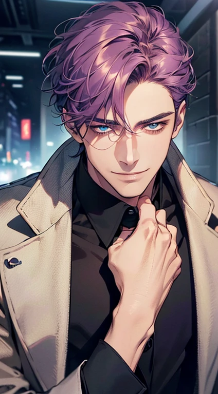 (best quality, masterpiece, 8K, photorealistic, cinematic lighting, 1:4 hdr image, ultra detailed, beautiful image), a mature man, 35 years very handsome, ((cold expression smile in love)), short  purple hair, blue eyes, face perfect without mistakes, ((buttoning his jacket, CEO)), smile.