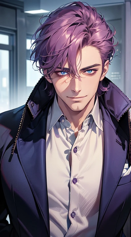(best quality, masterpiece, 8K, photorealistic, cinematic lighting, 1:4 hdr image, ultra detailed, beautiful image), a mature man, 35 years very handsome, ((cold expression smile in love)), short purple hair, blue eyes, face perfect without mistakes, ((buttoning his jacket, CEO)), smile.