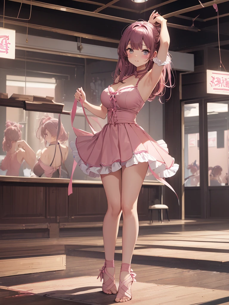 最high quality、best image quality、masterpiece、girl((20-year-old、sexy, By becomin, big bust, highest valley, ballerina, dark pink hair color, pink eye color, very tall, barefoot), high quality、beautiful art、background((ballet studio))、flight、debris flies、full body、movie、visual art、perfect art、8K,genuine