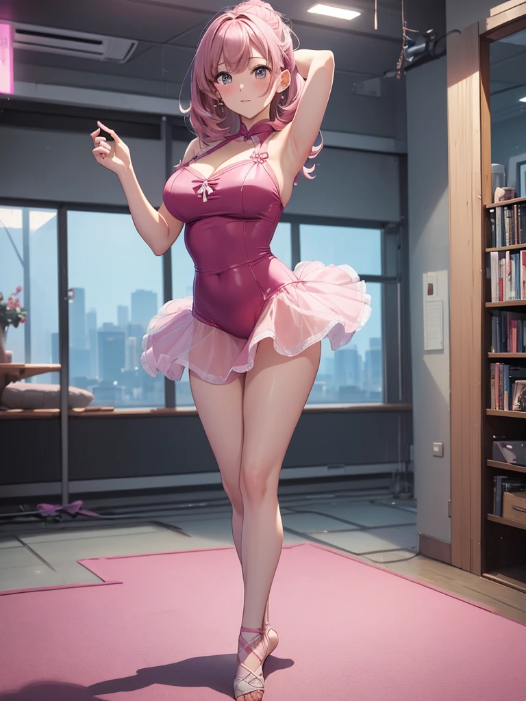 最high quality、best image quality、masterpiece、girl((20-year-old、sexy, By becomin, big bust, highest valley, ballerina, dark pink hair color, pink eye color, very tall, barefoot), high quality、beautiful art、background((ballet studio))、flight、debris flies、full body、movie、visual art、perfect art、8K,genuine