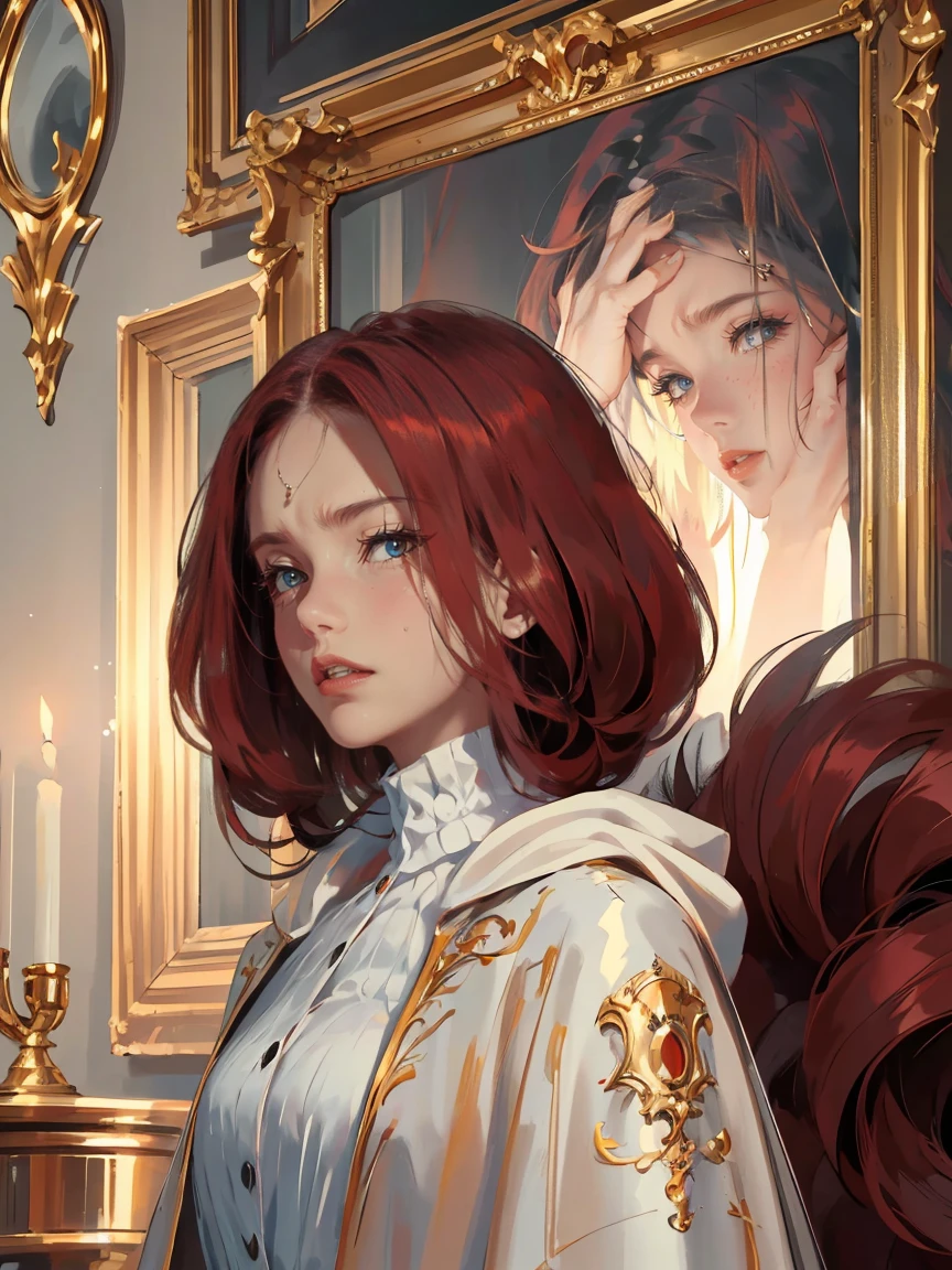 Long dark red hair, dark brown eyes, gloss lips, front look, close up, portrait, beautiful eyes, wearing a male white suit, big white, curly hair cut, clear skin, young 30 years girl, adult girl, solo, very long hair, ankle length hair, handsome older WOMAN,Hyperresolution,accuracy,Detailed rendering,(Image of fine hair)(topquality)(Masterpieces of masters)(High degree of completeness)(A sense of atmosphere)tmasterpiece,Super detailed and super detailed(((half-body portrait)))(((Older woman)))
