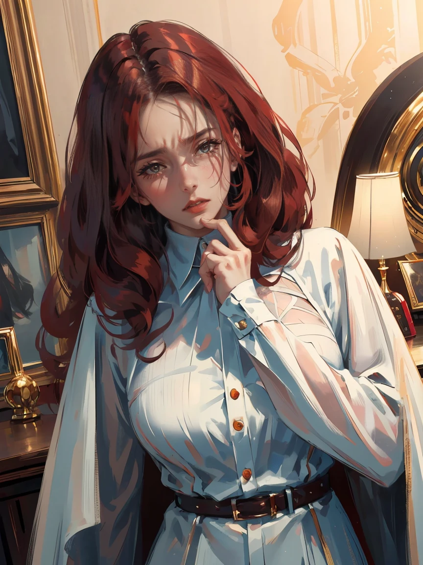 Long dark red hair, dark brown eyes, gloss lips, front look, close up, portrait, beautiful eyes, wearing a male white suit, big white, curly hair cut, clear skin, young 30 years girl, adult girl, solo, very long hair, ankle length hair, handsome older WOMAN，Hyperresolution，accuracy，Detailed rendering,（Image of fine hair）（topquality）（Masterpieces of masters）（High degree of completeness）（A sense of atmosphere）tmasterpiece，Super detailed and super detailed（((half-body portrait)))(((Older woman)))