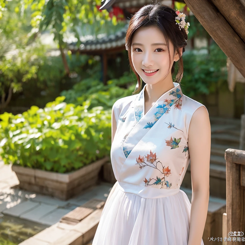 Best Quality, Masterpiece, Ultra High Resolution, (Realistic: 1.4), Xiuxian, Smiling, Shy, Belly Button, Delicate Makeup, Gorgeous Jewelry, Horse Face Dress, Detail Face,, 1 girl, white clothes, lotus print, maple leaf print, solo, weapon, (magic circle: 1.2), Xiuxian, upper body, beautiful girl, half-body, East Asian architecture, sheath, construction,