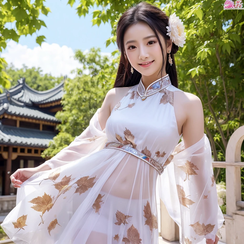 Best Quality, Masterpiece, Ultra High Resolution, (Realistic: 1.4), Xiuxian, Smiling, Shy, Belly Button, Delicate Makeup, Gorgeous Jewelry, Horse Face Dress, Detail Face,, 1 girl, white clothes, lotus print, maple leaf print, solo, weapon, (magic circle: 1.2), Xiuxian, upper body, beautiful girl, half-body, East Asian architecture, sheath, construction,