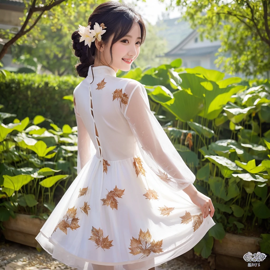 Best Quality, Masterpiece, Ultra High Resolution, (Realistic: 1.4), Xiuxian, Smiling, Shy, Belly Button, Delicate Makeup, Gorgeous Jewelry, Horse Face Dress, Detail Face,, 1 girl, white clothes, lotus print, maple leaf print, solo, weapon, (magic circle: 1.2), Xiuxian, upper body, beautiful girl, half-body, East Asian architecture, sheath, construction,