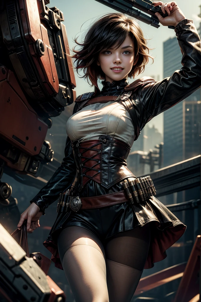 (masterpiece, best quality:1.2), cowboy shot, solo, dynamic pose, 1girl, ruby rose, looking at viewer, military uniform, pantyhose, in futuristic library, grin