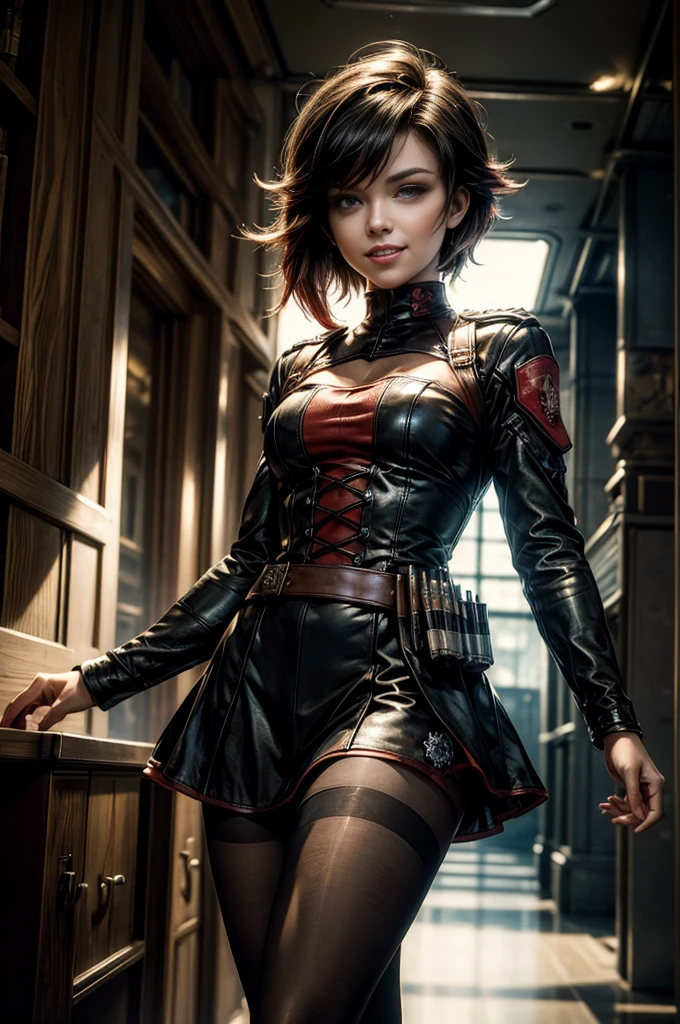 (masterpiece, best quality:1.2), cowboy shot, solo, dynamic pose, 1girl, ruby rose, looking at viewer, military uniform, pantyhose, in futuristic library, grin