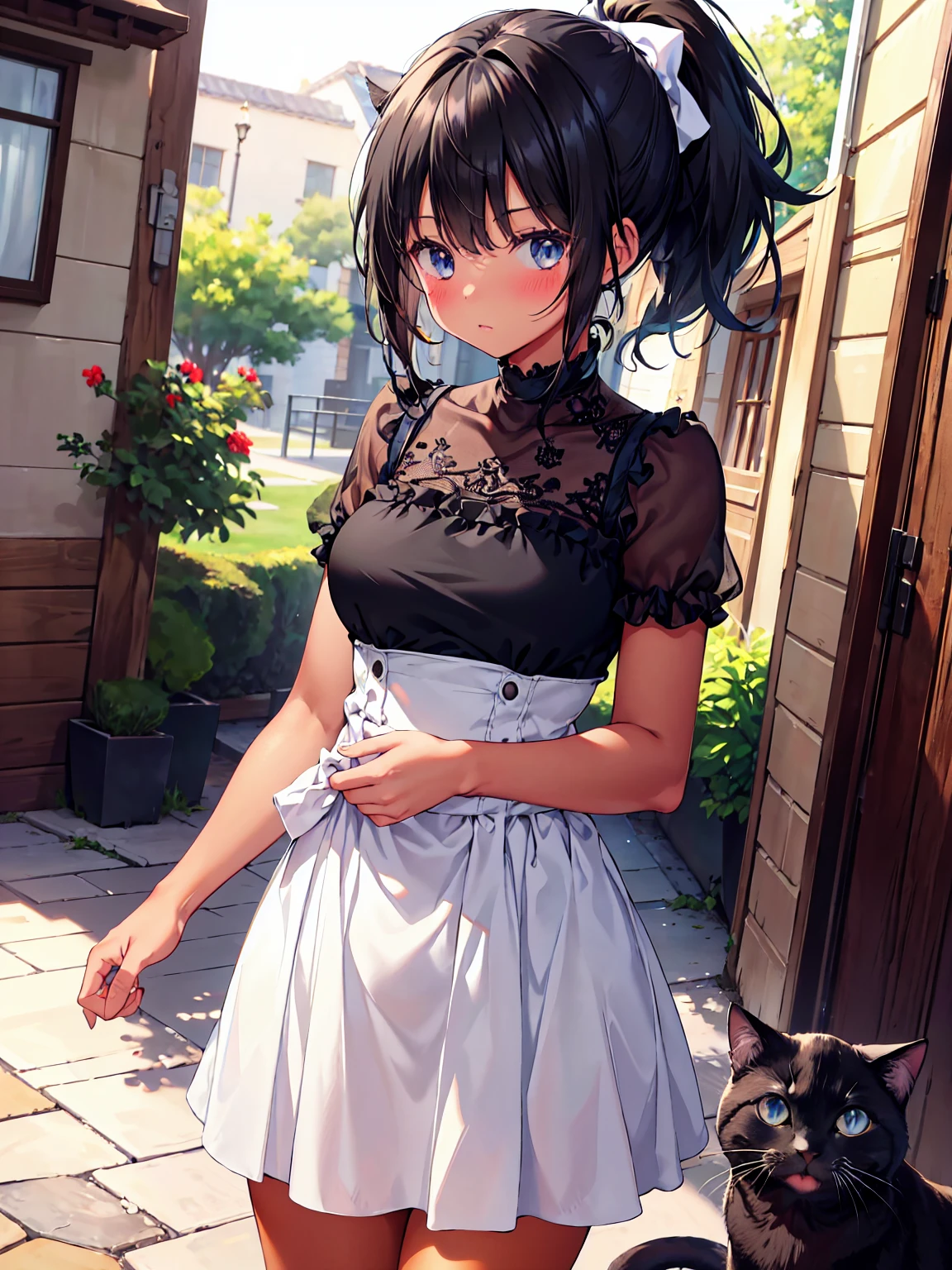 (cowboy shot), (ultra high resolution, depth of field:1.2), 1 girl cat fran, medium breast, (Tan skin:1.4), blue eyes, (Short black hair), Ponytail, bang, Cat&#39;s ears, cat tail, (light pink maid uniform), (light blue bow:1.2), tights, split, bedroom landscapes, Leaning forward slightly, hands behind your back, (blushing), nervous