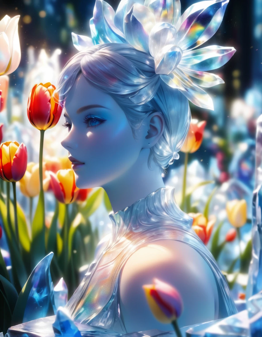 portrait of an ((ice sculpture of a 1single tulip flower: 1.5)), dynamic color icy tulip petals, dynamic background, vivid icy tulip, close up portrait, dynamic background, High Detail, Ultra High Quality, High Resolution, 16K Resolution, Ultra HD Pictures, 3D rendering Ultra Realistic, Clear Details, Realistic Detail, Ultra High Definition,rpg portrait, ice, NRART