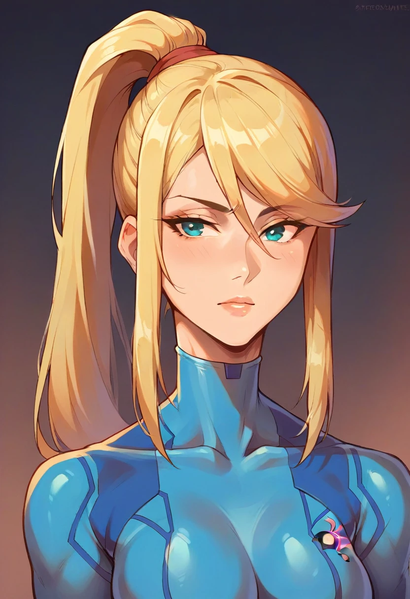 (score_9_up, score_8_up, score_7_up), (masterpiece, best quality, very aesthetic, ultra detailed, source anime, anime, intricate details,upper body shot), sexy girl, sexy expression, bitch, dominant girl,csr style,ratatatat74, defSamus, blonde hair, bodysuit, blue clothes, blue pants