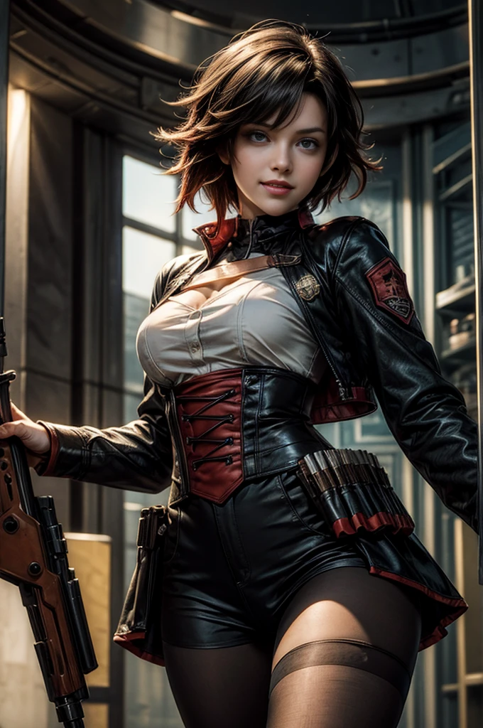 (masterpiece, best quality:1.2), cowboy shot, solo, dynamic pose, 1girl, ruby rose, looking at viewer, military uniform, pantyhose, in futuristic library, grin