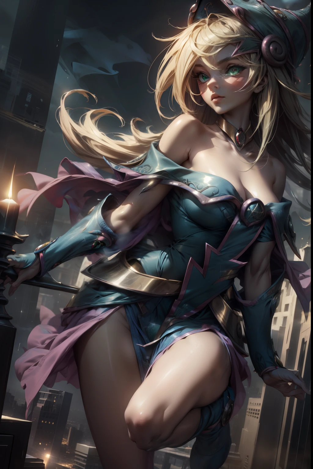 ultra-detailed, extremely detailed, masterpiece, highest quality, best quality, absurdres, highres, dark magician girl, (1girl:1.2), solo, detailed face, dynamic pose, hair flow, (full body:1.1),  blonde hair, long hair, looking at viewer, green eyes, skindentation, detailed skin, skin pores, (shiny skin, glossy skin:1.1), rosy skin details, breasts, nail polish, skirt, blue footwear, blue headwear, wizard hat, wand, holding hat, (blue panties:0.9), (summoning circle:1.1), hexagram, pentacle, pentagram, yu-gi-oh!, duel monster, purple magic field, glow, detailed background, intricate background,