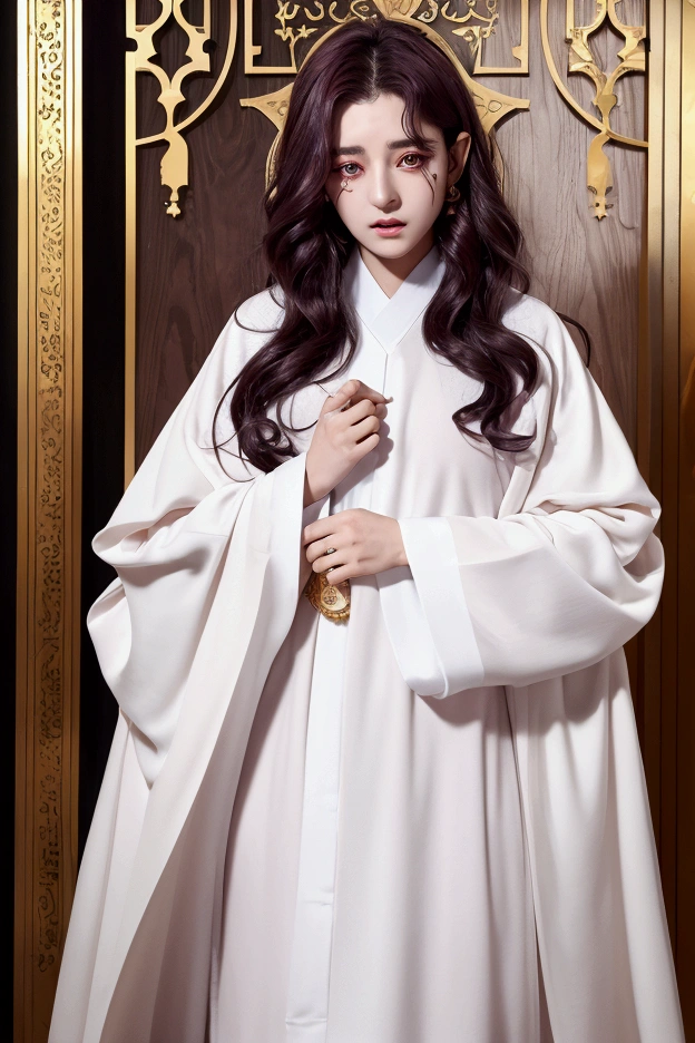 mascle, Youngh, first king oliva, short wavy dark violet hair, gold eyes, Arabic, white sheikh robes, scarred face, bonitas, photo