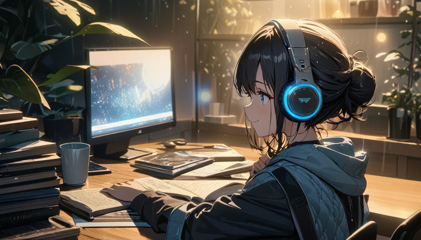 one girl, black short hair and bob hair, I tied my hair in a bun with a hair clip..、smile、beautiful blue eyes, gentle smile on her face、flat chest, one Beautiful girl,((masterpiece, illustration, best quality) ((ultra-detailed)),rainy night, a girl studying while listening to music with headphones, the night view is very beautiful with beautiful candle on her table. there are plants in the background, a beautiful night view with books and plants in the background with coffee on the desk,, 濃い青とBeautiful Blueのグラデーション, High resolution, 8K HD detail, hyper-detail, cinematic, surrealism, soft light, deep field focus bokeh, ray tracing and surrealism. --v6